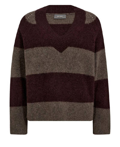 Mos Mosh MMTaci Stripe LS V-Neck Knit - 159 Fudge