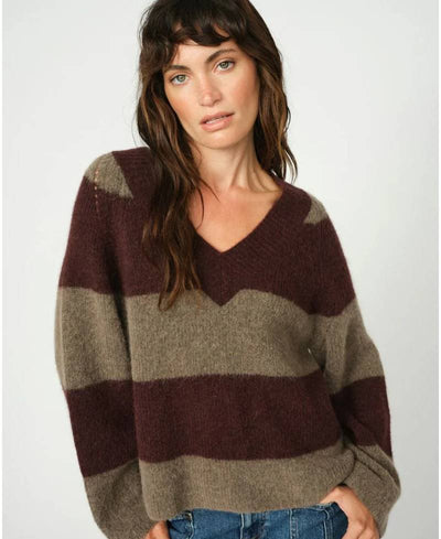 Mos Mosh MMTaci Stripe LS V-Neck Knit - 159 Fudge