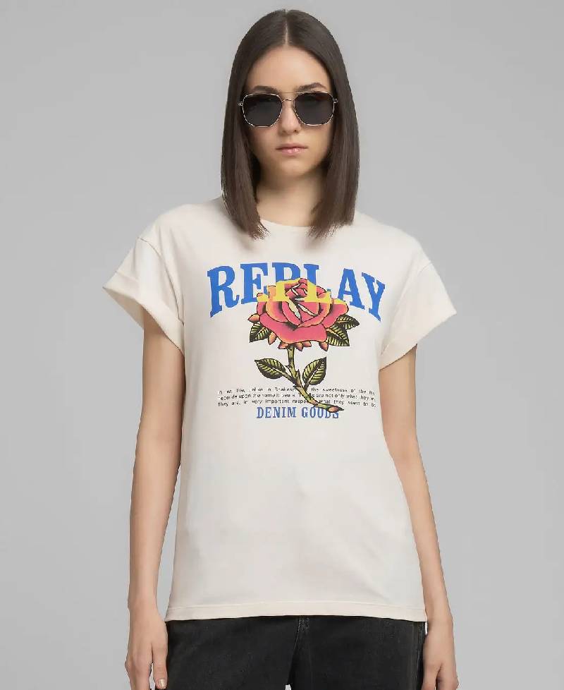 Replay Jersey T-Shirt With Rose And Logo Print