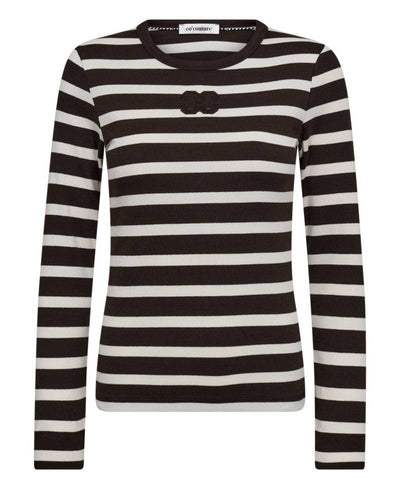 CoCouture GrannyCC Rib Emb LS Blouse - 11145 Offwhite/DarkBrown